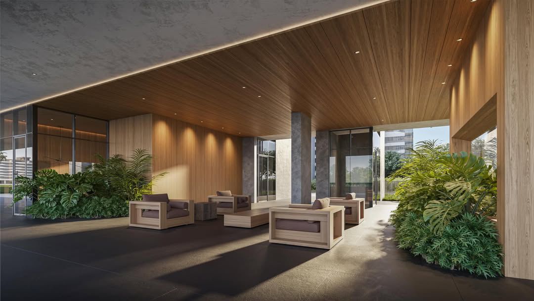 Lounge de entrada do lobby do Icon com paisagismo